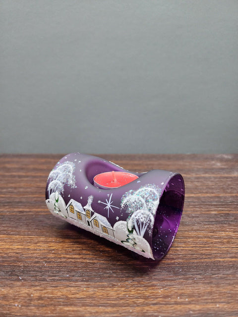 Purple Glass Single Candle Holder - White Church Yule Log Style