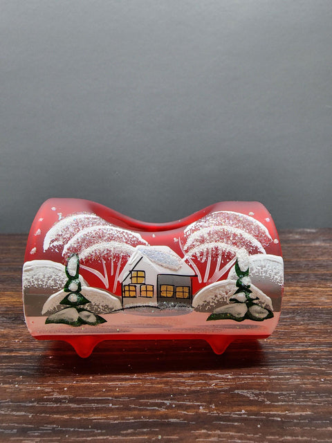 Red Glass Single Candle Holder  -  White Cabins  Yule Log Style