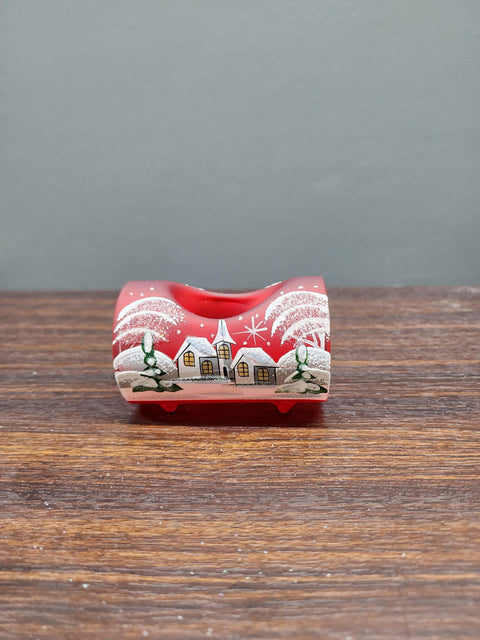 Red Glass Single Candle Holder  -  White Cabins  Yule Log Style