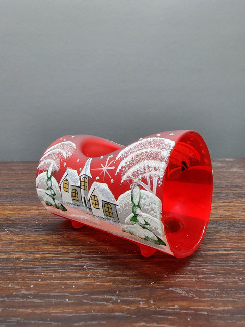 Red Glass Single Candle Holder  -  White Cabins  Yule Log Style