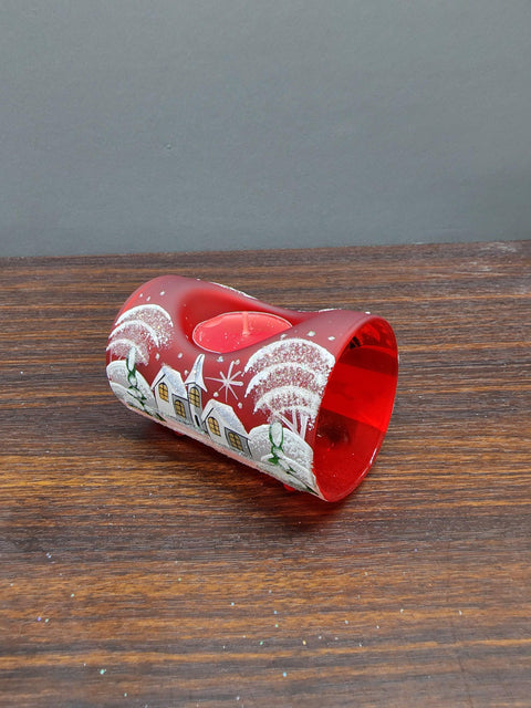 Red Glass Single Candle Holder  -  White Cabins  Yule Log Style