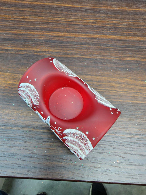 Red Glass Single Candle Holder  -  White Cabins  Yule Log Style