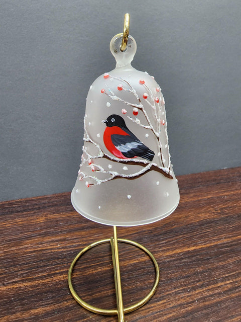 Frosted Blown Glass Bell Ornament – Finch Design with Clapper