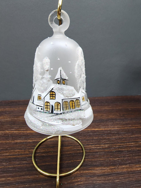 Frosted Blown Glass Bell Ornament –  White Church Design with Clapper