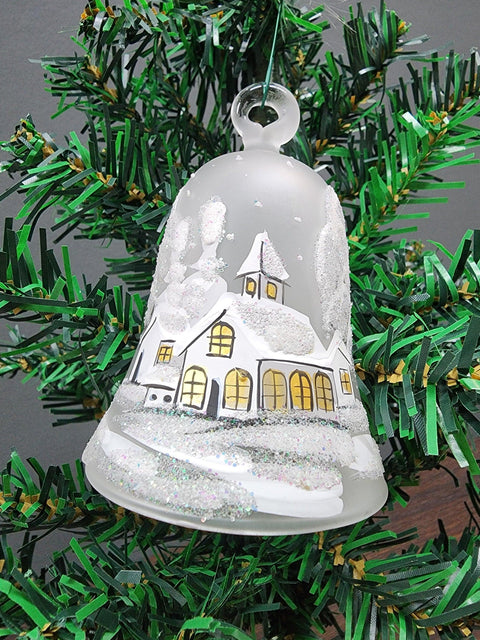 Glass Bell Ornament Winter Cottage