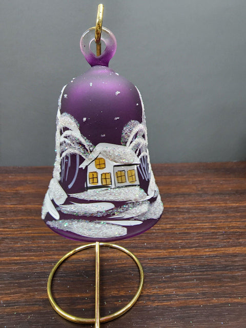 Purple Blown Glass Bell Ornament – White Church Design with Clapper