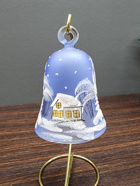 Light Blue Blown Glass Bell Ornament – White Church Design with Clapper