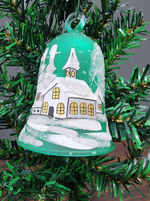 Glass Bell Ornament Winter Cottage