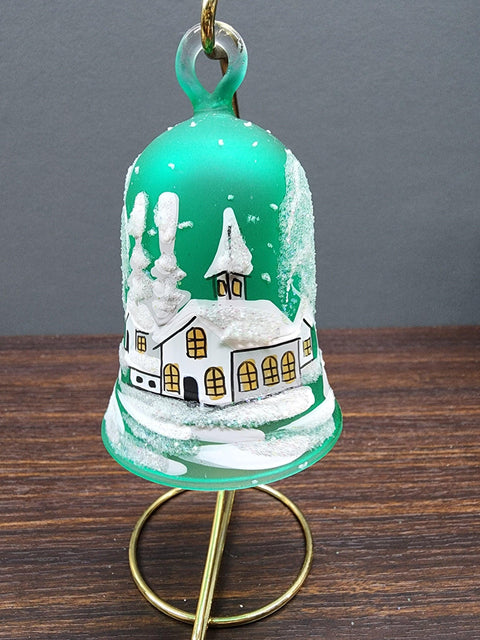 Green Blown Glass Bell Ornament –  White Church Design with Clapper