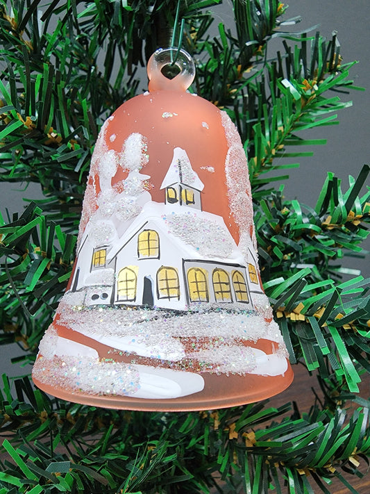 Glass Bell Ornament Winter Cottage