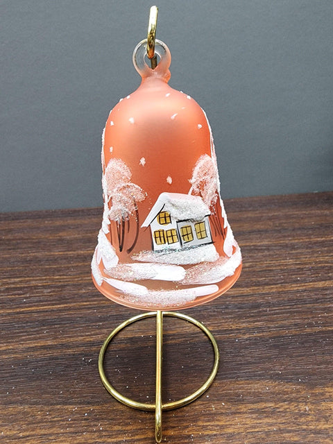 Orange Blown Glass Bell Ornament –  White Church Design with Clapper