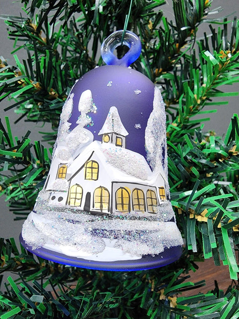 Glass Bell Ornament Winter Cottage