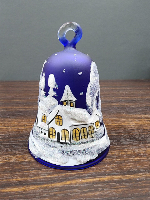 Blue Blown Glass Bell Ornament –  White Church Design with Clapper