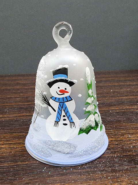 Frosted Blown Glass Bell Ornament - Snowman Design with Clapper