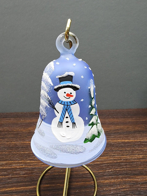 Light Blue Blown Glass Bell Ornament –  Snowman Design with Clapper