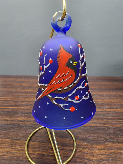 Blue Blown Glass Bell Ornament – Red Cardinal Design with Clapper