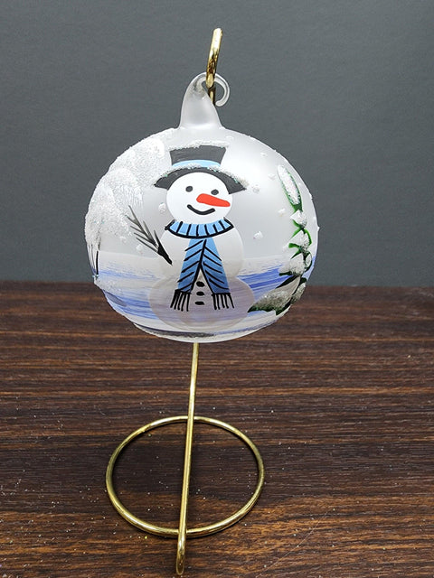 Frosted Blown Glass Ornament - Handcrafted -  Snowman Design