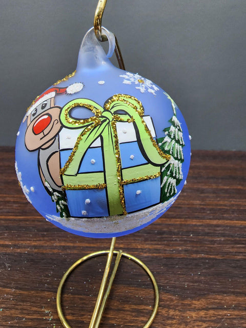 Light Blue Blown Glass Ornament - Handcrafted - Reindeer Gift Design