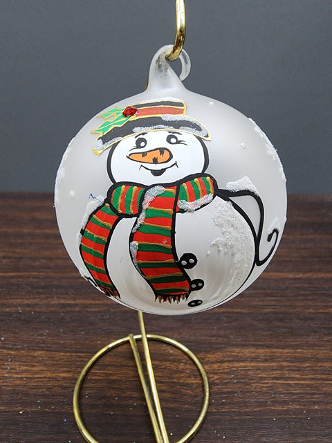 Frosted Blown Glass Ornament - Handcrafted -  Fat Snowman Design