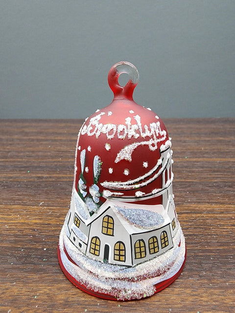 Red Blown Glass Bell Ornament –  Brooklyn Bridge Design with Clapper