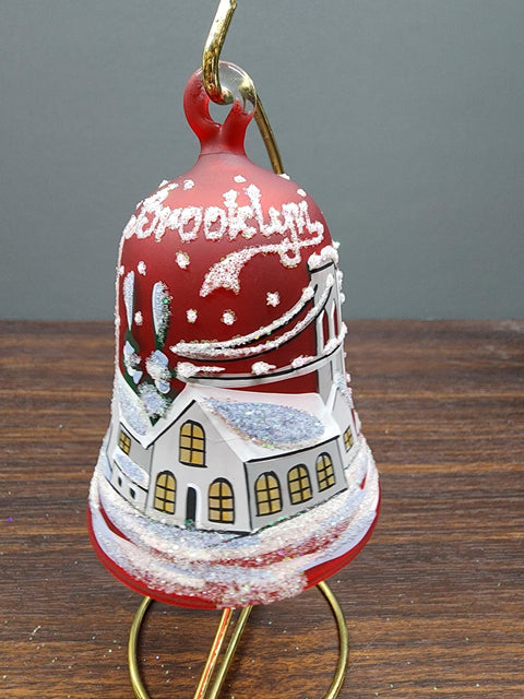 Red Blown Glass Bell Ornament –  Brooklyn Bridge Design with Clapper