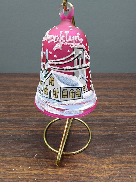 Pink Blown Glass Bell Ornament –  Brooklyn Bridge Design with Clapper