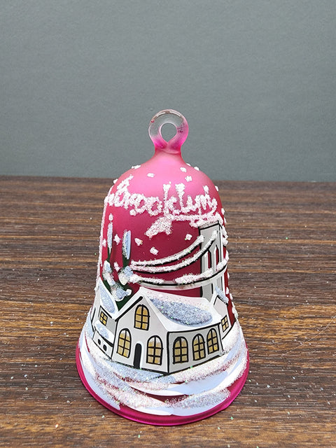 Pink Blown Glass Bell Ornament –  Brooklyn Bridge Design with Clapper