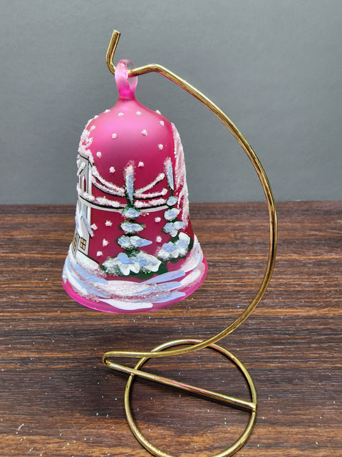 Pink Blown Glass Bell Ornament –  Brooklyn Bridge Design with Clapper