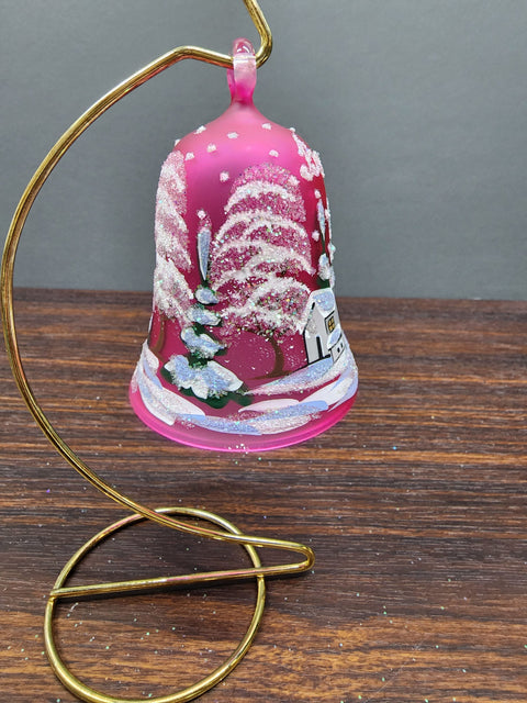 Pink Blown Glass Bell Ornament –  Brooklyn Bridge Design with Clapper