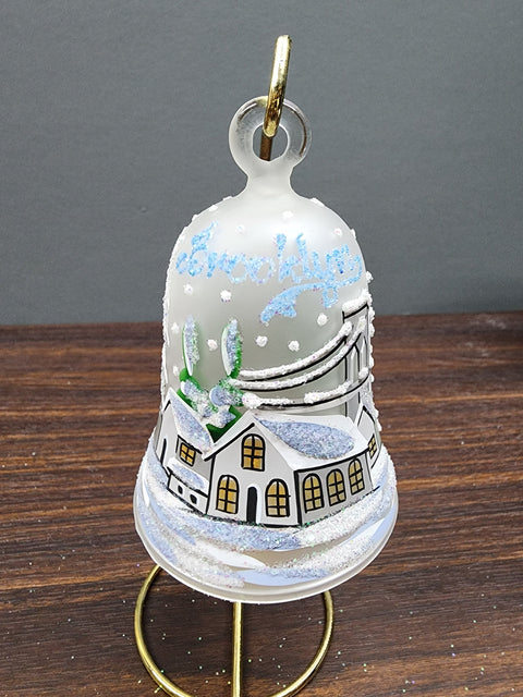 Frosted Blown Glass Bell Ornament - Handcrafted - Brooklyn Bridge Design With Clapper