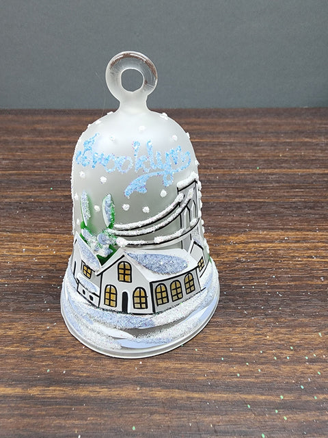 Frosted Blown Glass Bell Ornament - Handcrafted - Brooklyn Bridge Design With Clapper