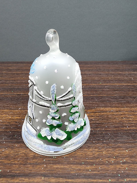 Frosted Blown Glass Bell Ornament - Handcrafted - Brooklyn Bridge Design With Clapper