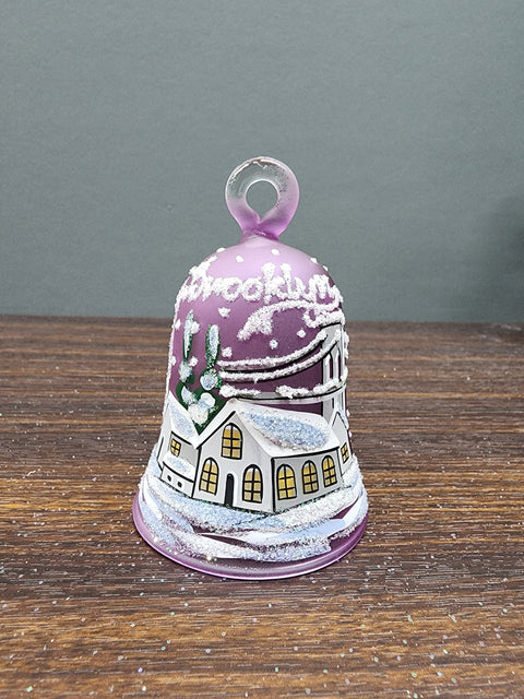 Lavender Blown Glass Bell Ornament –  Brooklyn Bridge Design with Clapper