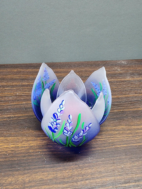 Blue  Glass Lotus Blossom Candle Holder  - Lavender Flower Design