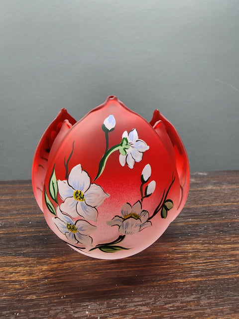 Red Glass Lotus Blossom Candle Holder  - Dogwood Flower