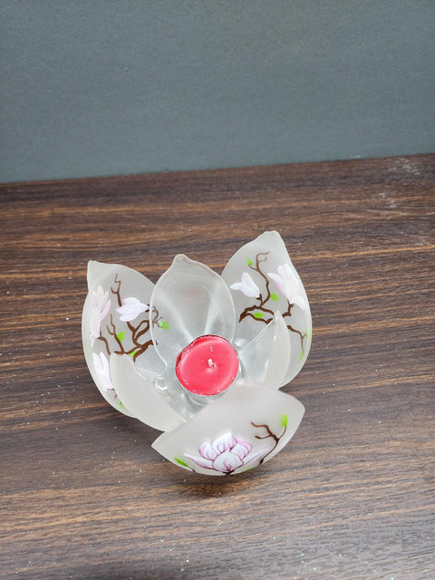 Frosted Glass Lotus Blossom Candle Holder  - Magnolia Flower