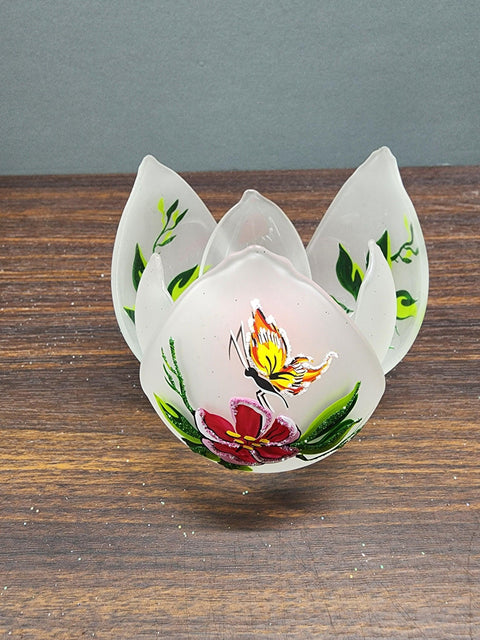 Frosted Glass Lotus Blossom Candle Holder  - Butterfly Design