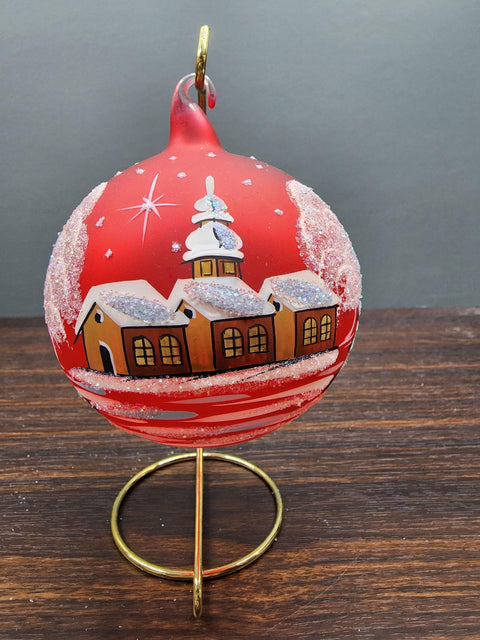 Red Blown Glass Large Ball Ornament - Handcrafted - Brown Cathedral