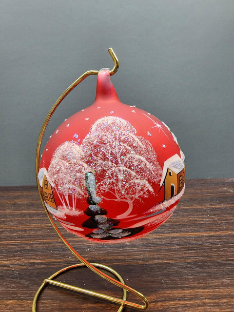 Red Blown Glass Large Ball Ornament - Handcrafted - Brown Cathedral