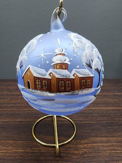 Light Blue Blown Glass Large Ball Ornament - Handcrafted - Brown Cathedral Design