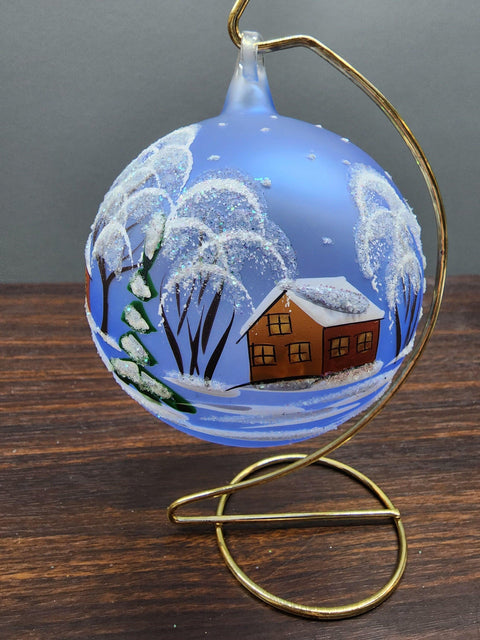 Light Blue Blown Glass Large Ball Ornament - Handcrafted - Brown Cathedral Design