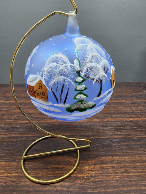 Light Blue Blown Glass Large Ball Ornament - Handcrafted - Brown Cathedral Design