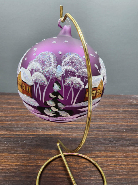 Purple Blown Glass Large Ball Ornament - Handcrafted - Brown Cathedral Design