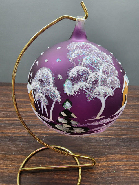 Purple Blown Glass Large Ball Ornament - Handcrafted - Brown Cathedral Design