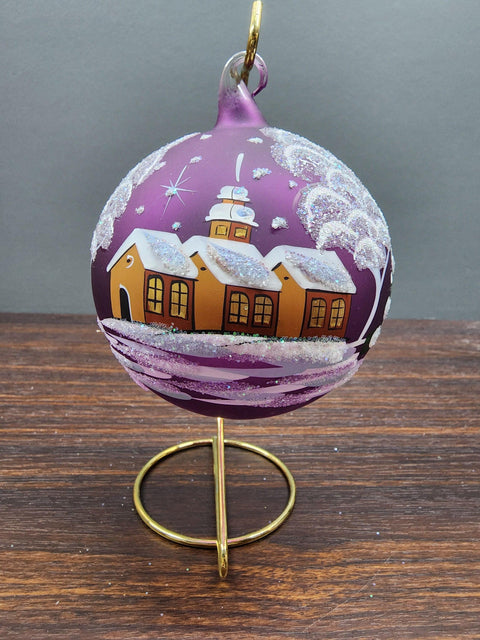 Purple Blown Glass Large Ball Ornament - Handcrafted - Brown Cathedral Design