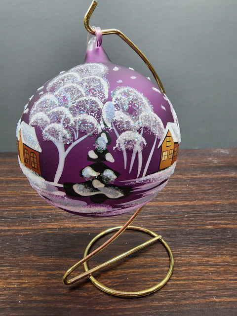 Purple Blown Glass Large Ball Ornament - Handcrafted - Brown Cathedral Design