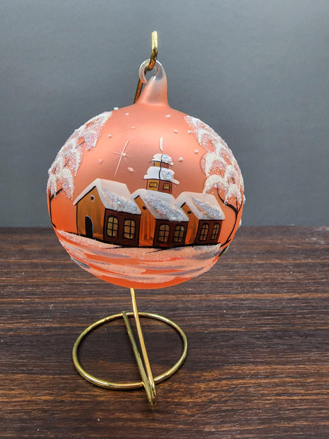 Orange Blown Glass Large Ball Ornament - Handcrafted - Brown Cathedral