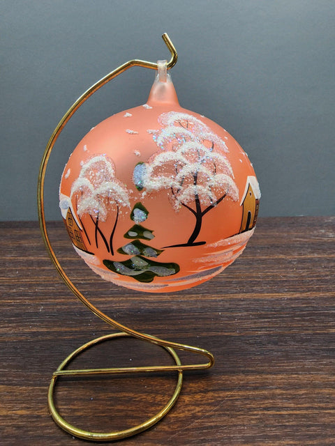 Orange Blown Glass Large Ball Ornament - Handcrafted - Brown Cathedral