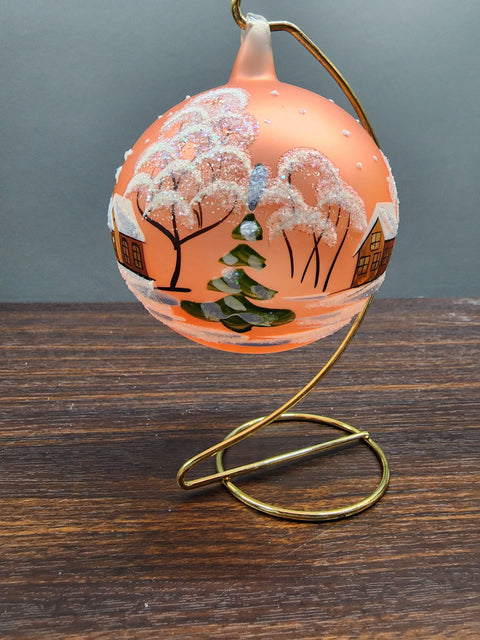 Orange Blown Glass Large Ball Ornament - Handcrafted - Brown Cathedral