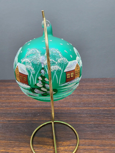 Green Blown Glass Large Ball Ornament - Handcrafted - Brown Cathedral